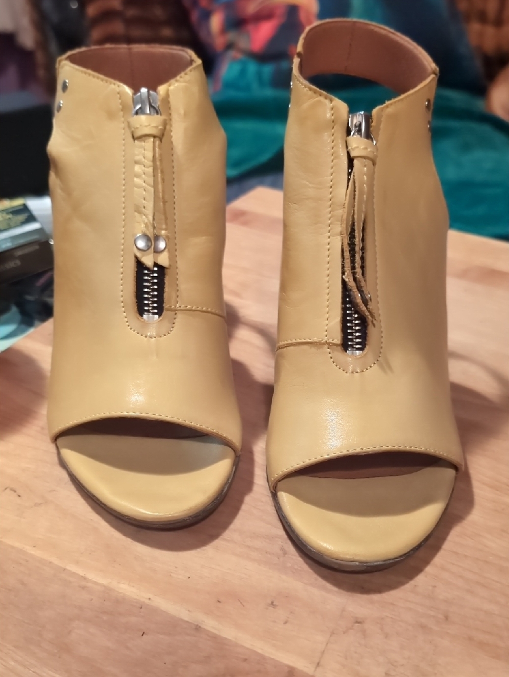 Miz Mooz Yellow Peep-Toe Front-Zip Mules